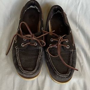 Margaritaville Mens Dark Gray-Blue Canvas & Leather Boat Shoes